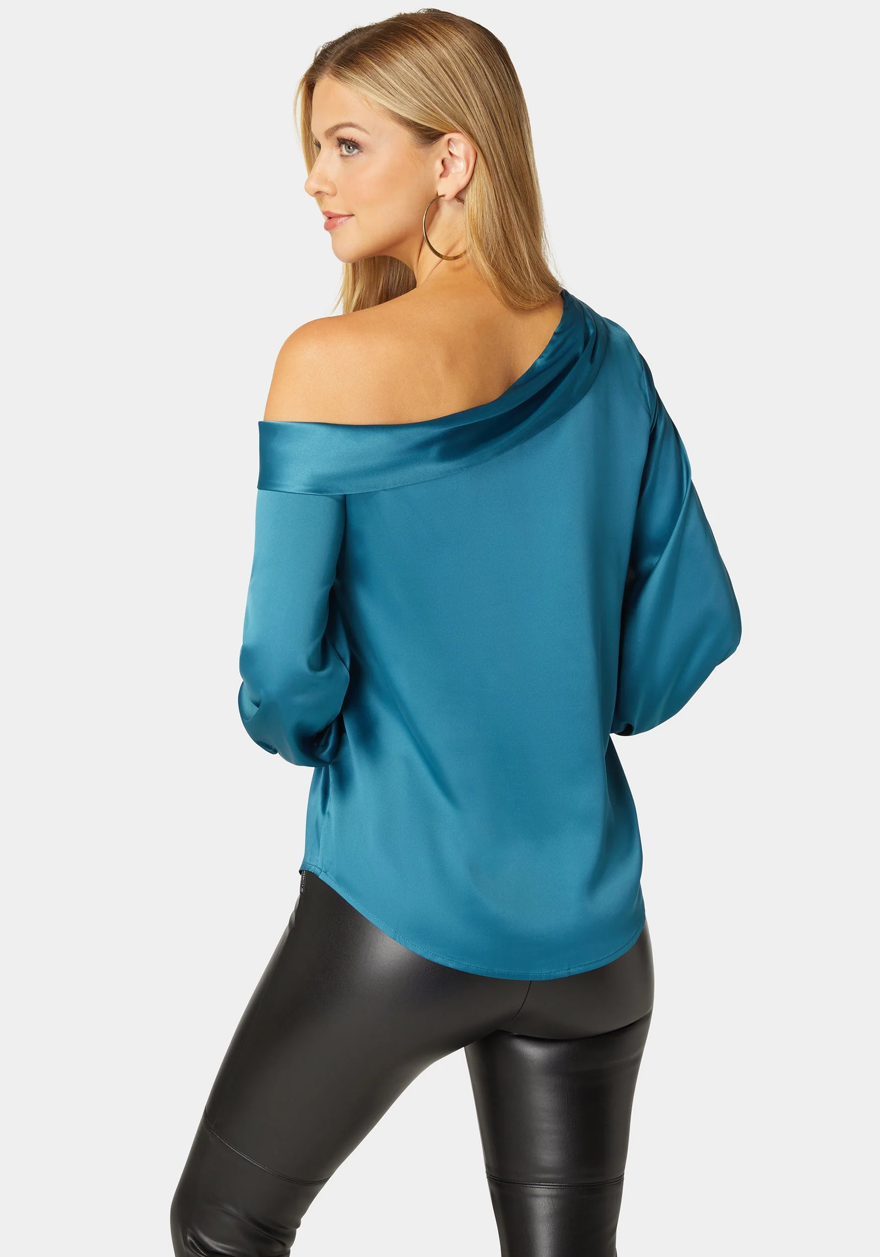 Asymmetrical Long Sleeve Slit Detail Satin Blouse - Image 3