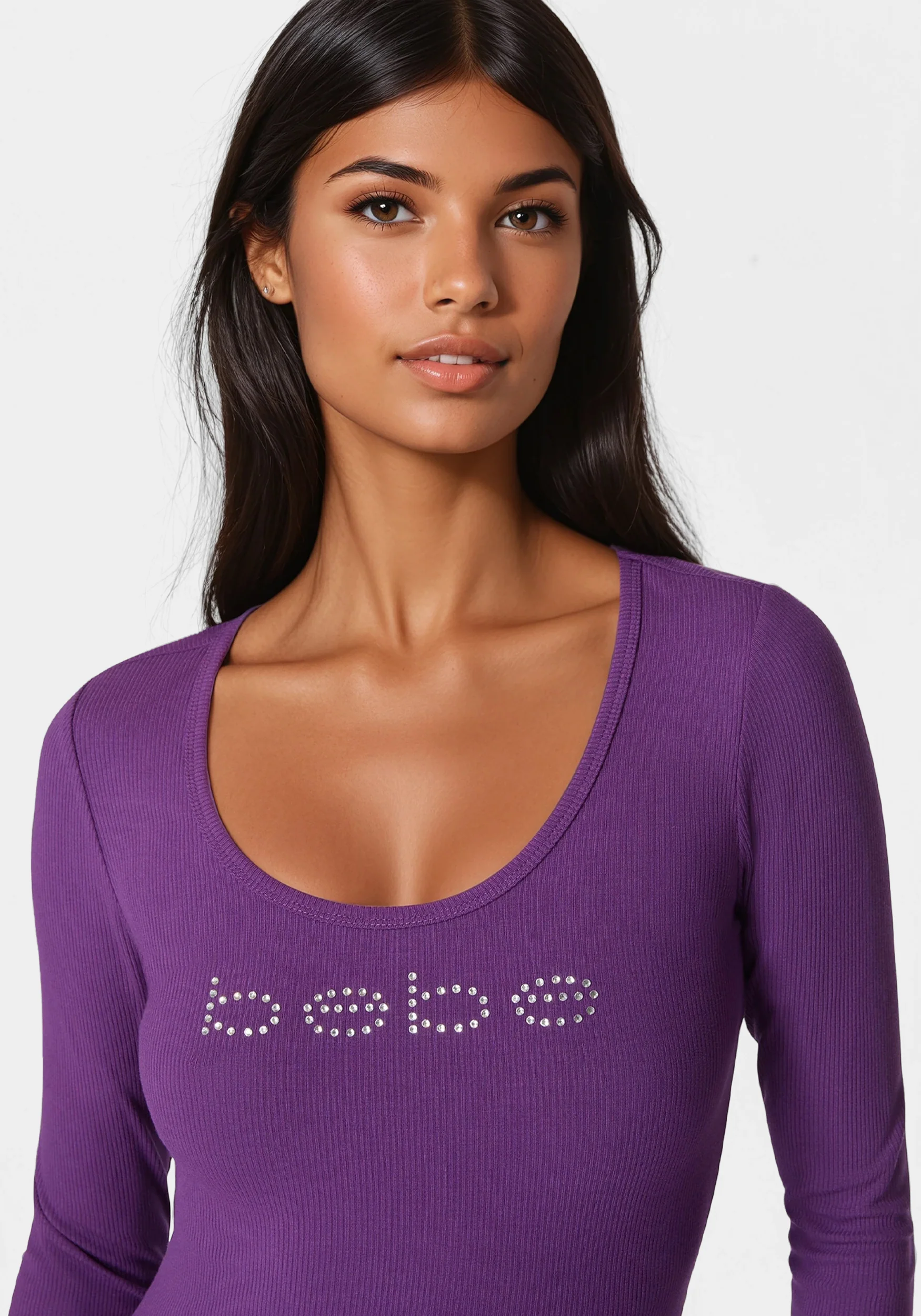 Bebe Logo Long Sleeve Scoop Neck Single Stone Rib Top - Image 3