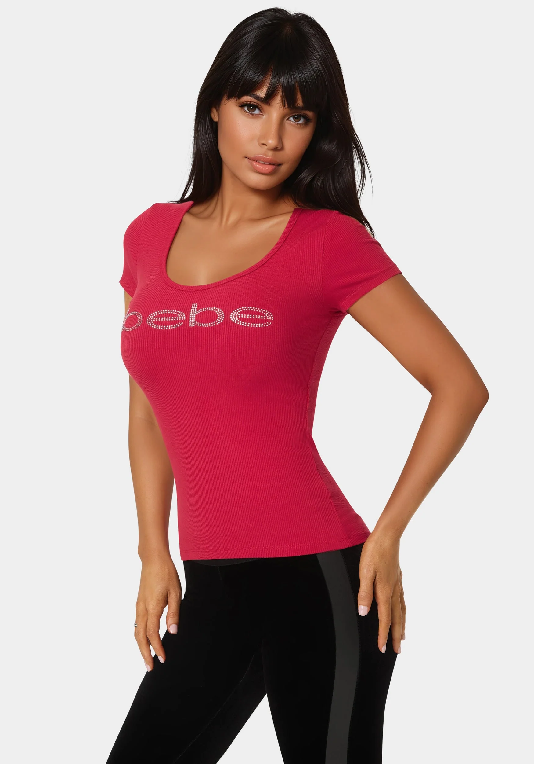 Bebe Logo Short Sleeve Round Neck Rib Top - Image 2