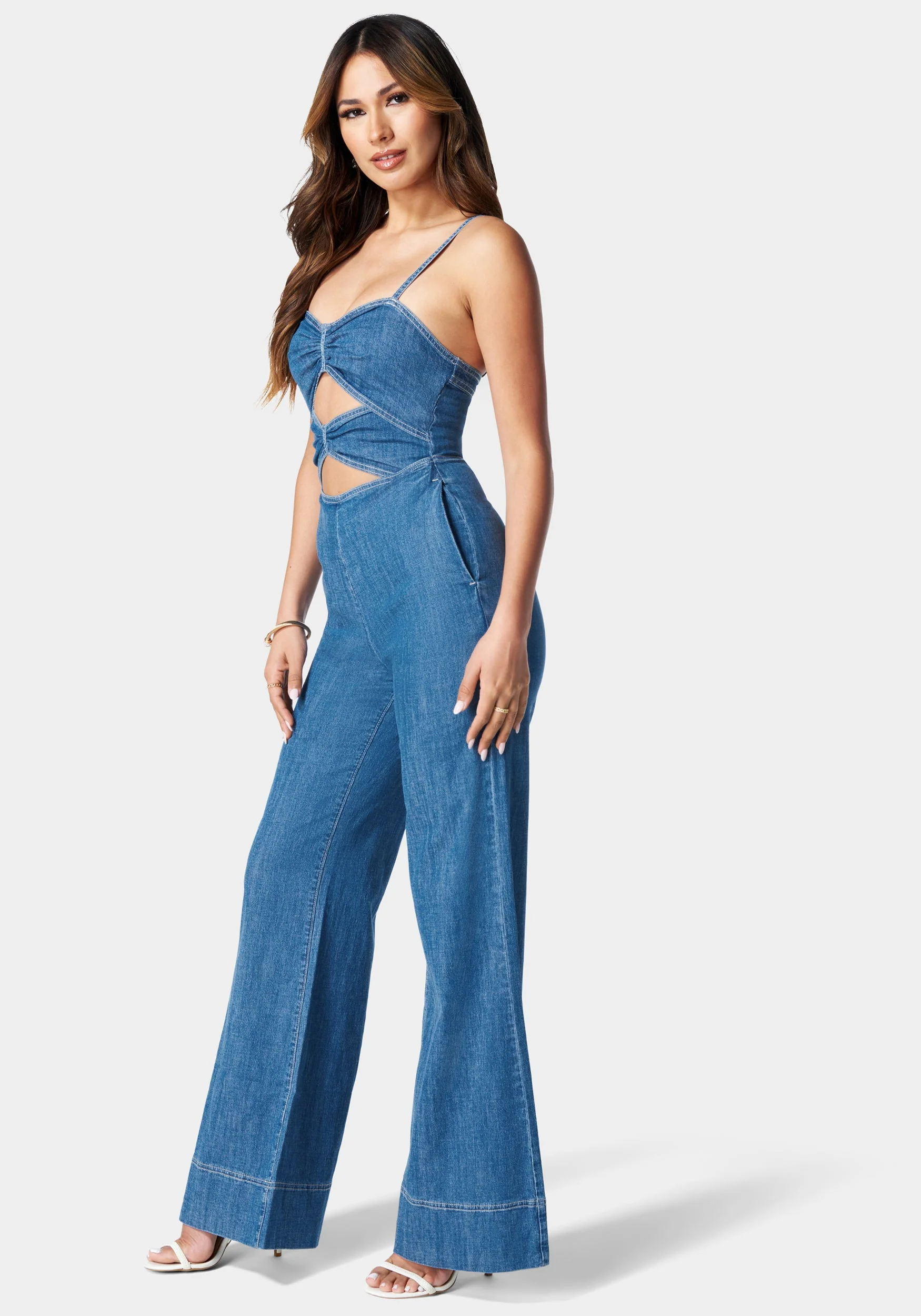 Double Ruched Front Band Palazzo Denim Jumpsuit - Image 2