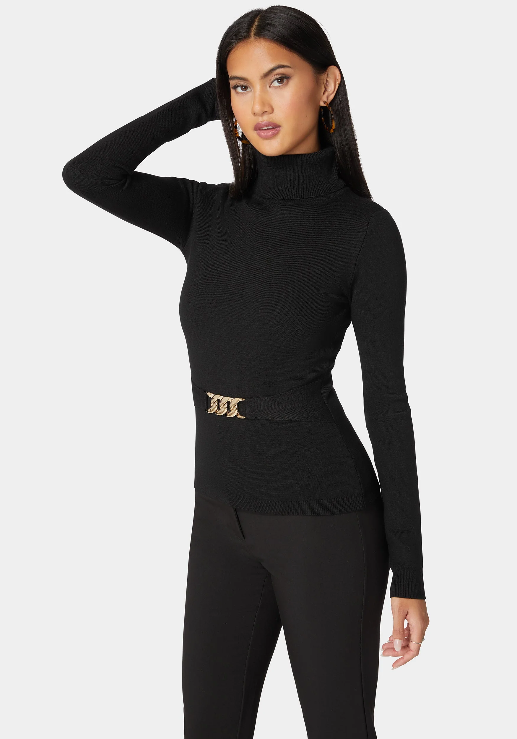 Fitted Turtle Neck Ornate Belt Sweater - Image 2