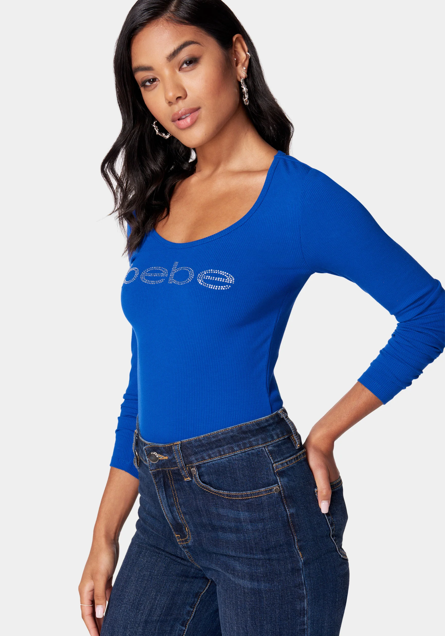 Long Sleeve Scoop Neck Bebe Logo Rib Top - Image 2