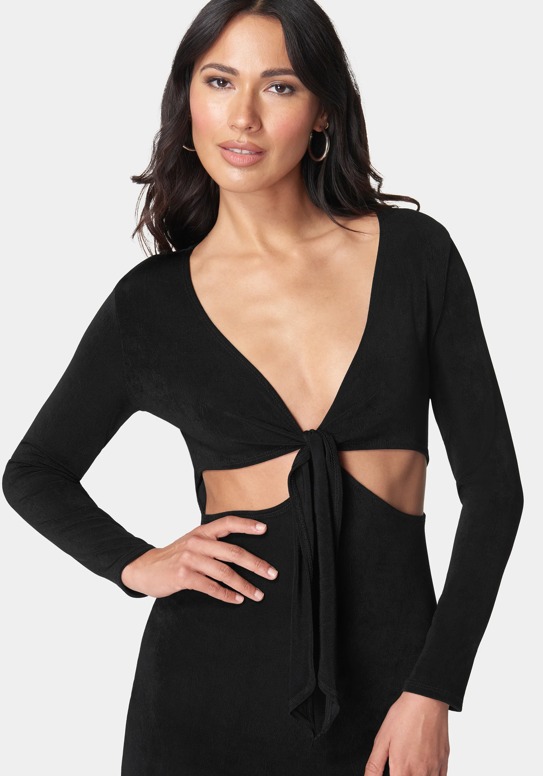 Long Sleeve Tie Front Slinky Dress - Image 4