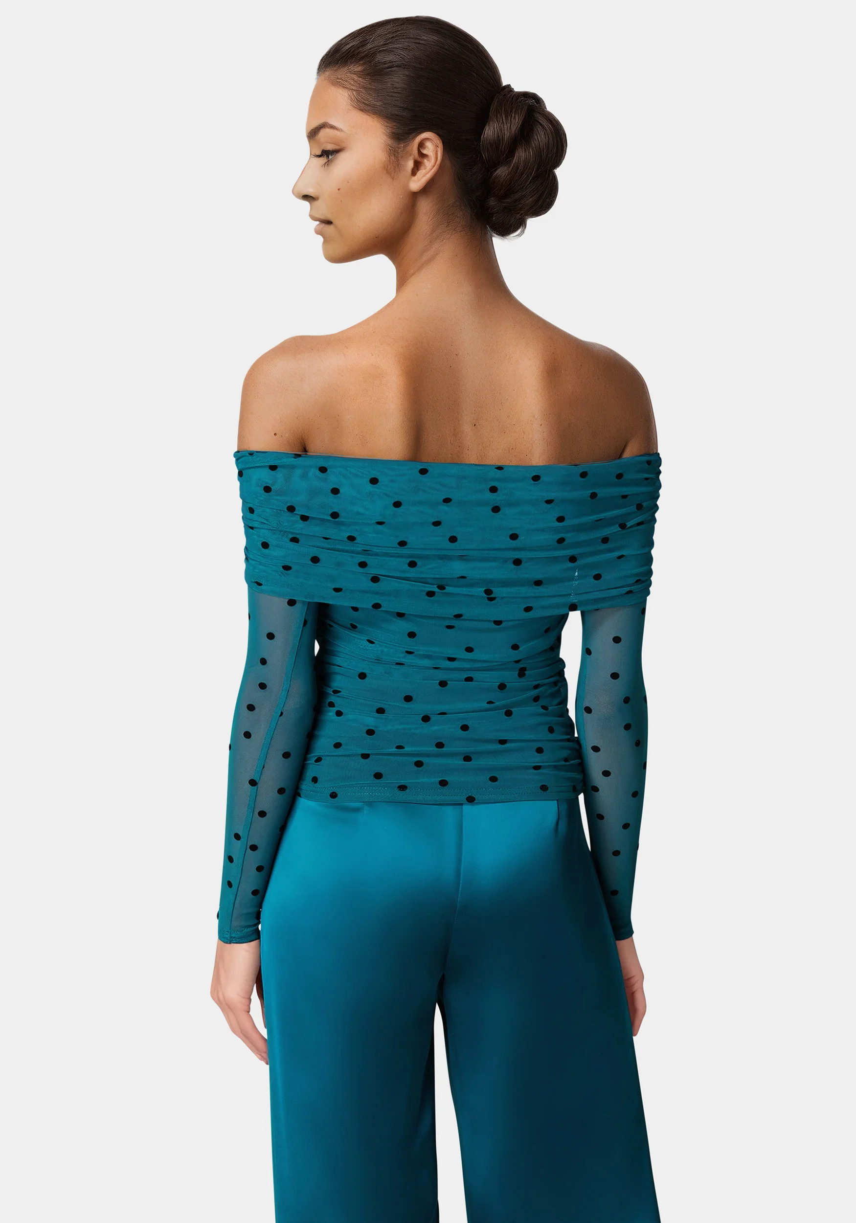 Off Shoulder Flocked Mesh Top - Image 4
