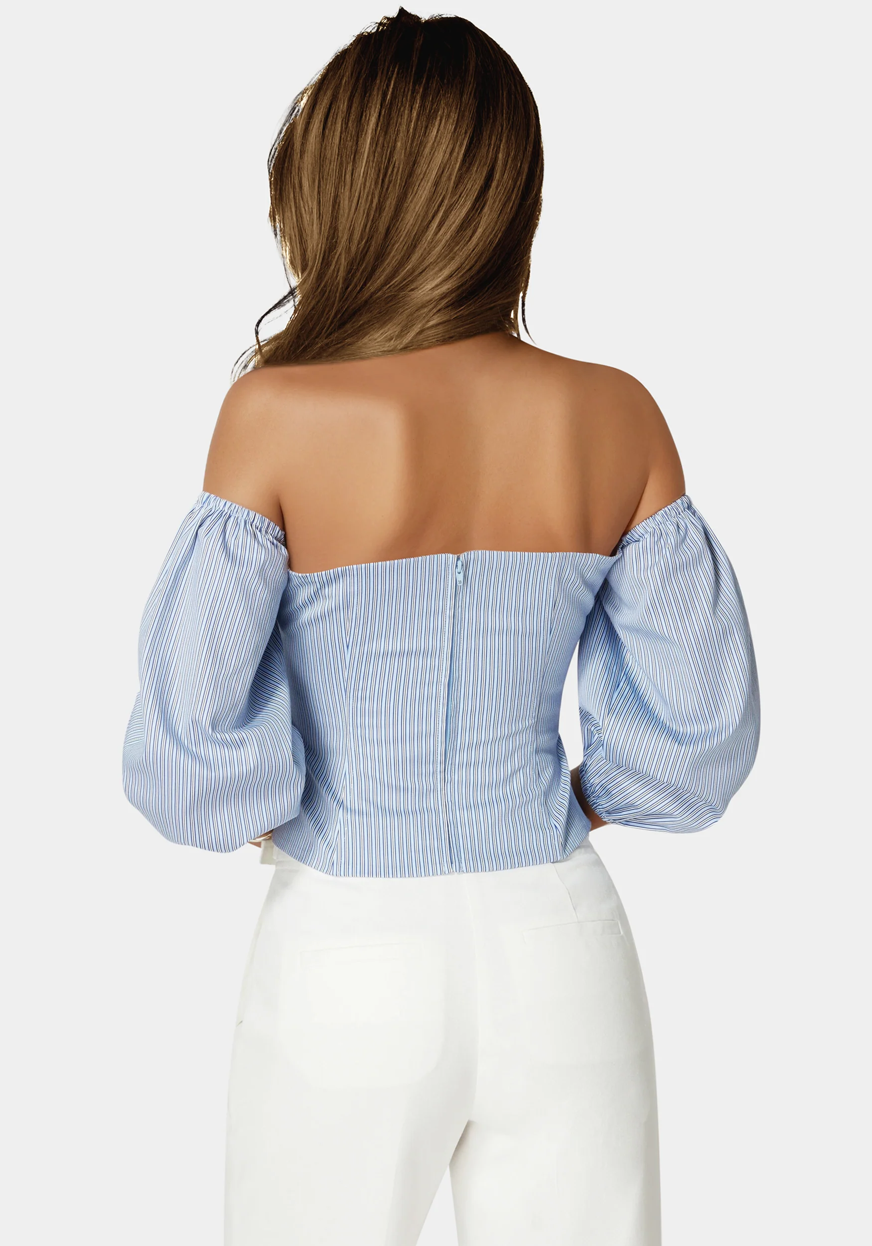 Poplin Bubble Sleeve Off Shoulder Draped Top - Image 4