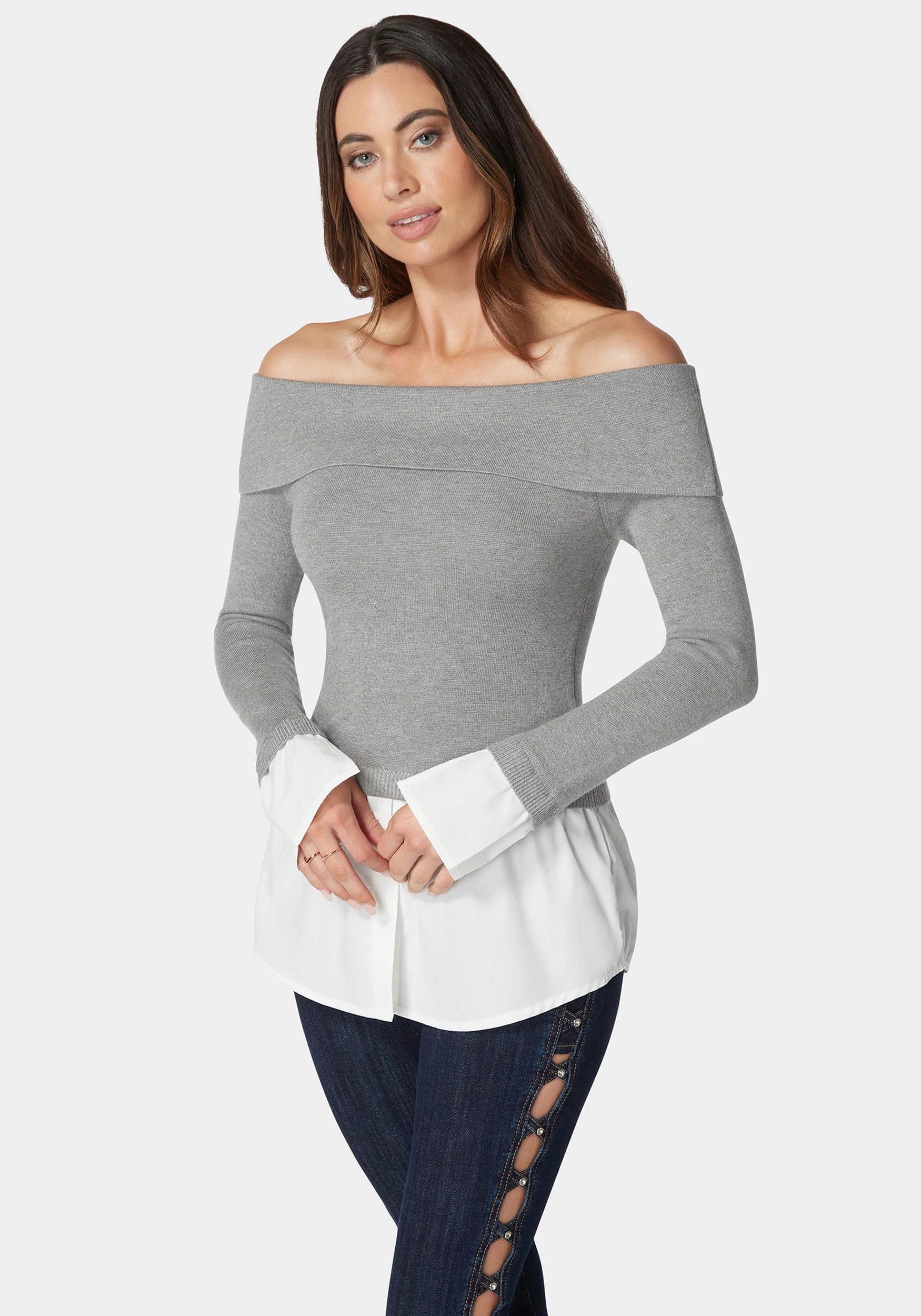 Poplin Combo Fold Over Off Shoulder Sweater Top - Image 2