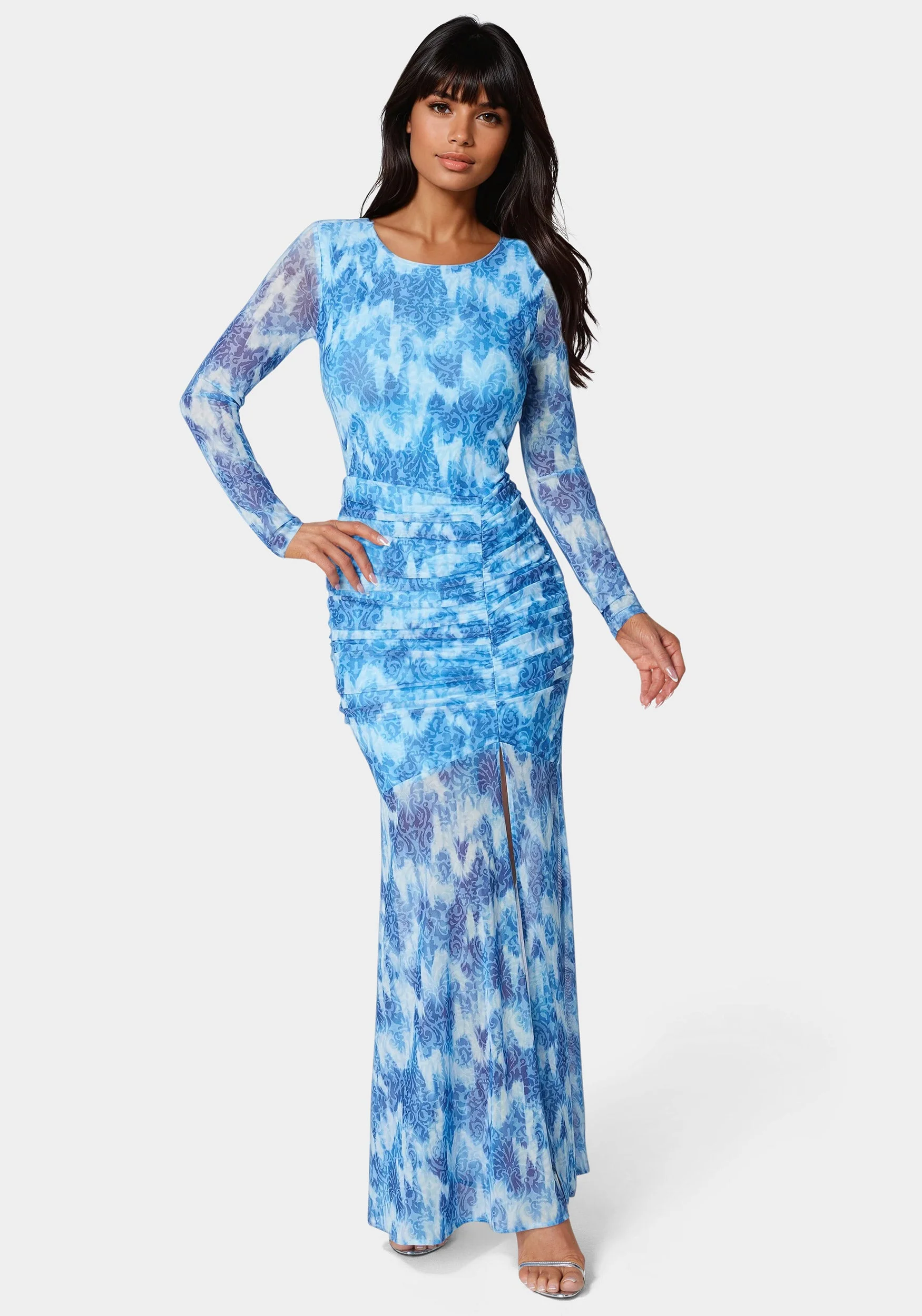 Ruched Longsleeve Printed Maxi Dress