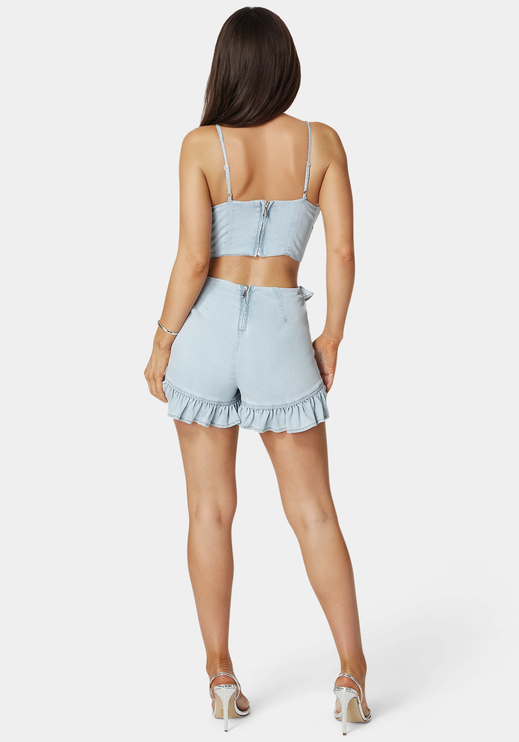 Ruffled V Neck Denim Romper - Image 2