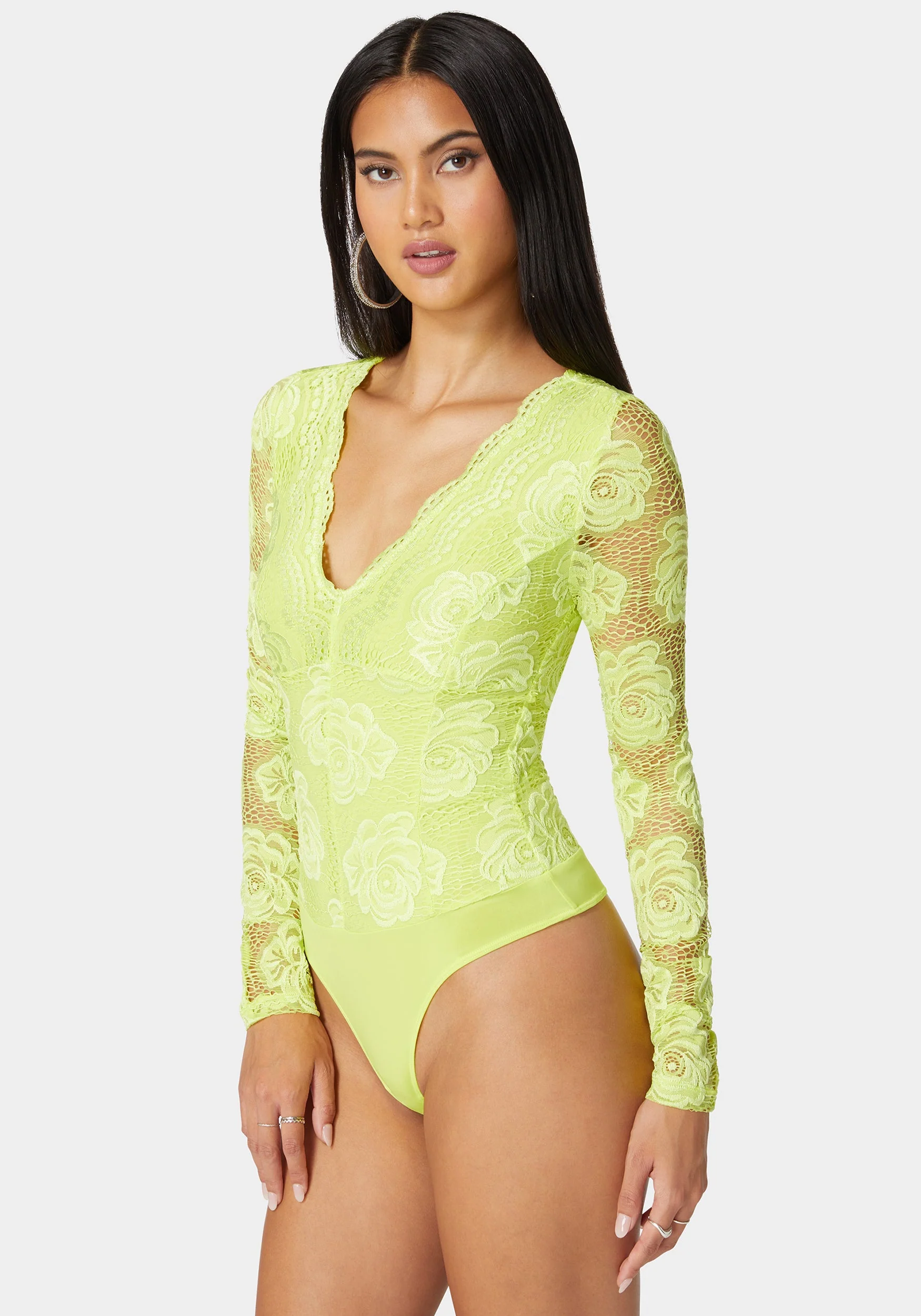 Scallop Edge Long Sleeve Lace Bodysuit - Image 2