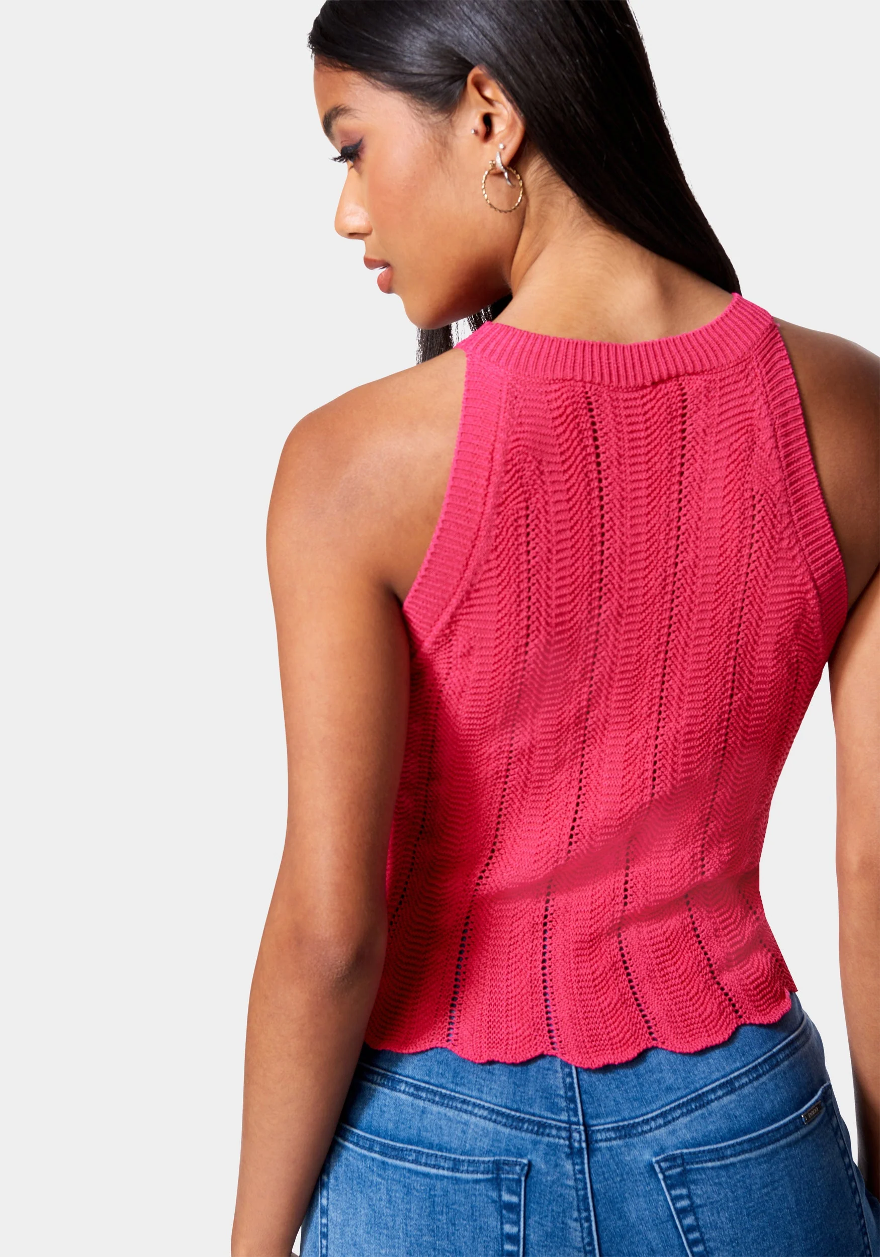 Scallop Hem Pointelle Sweater Halter Top - Image 3