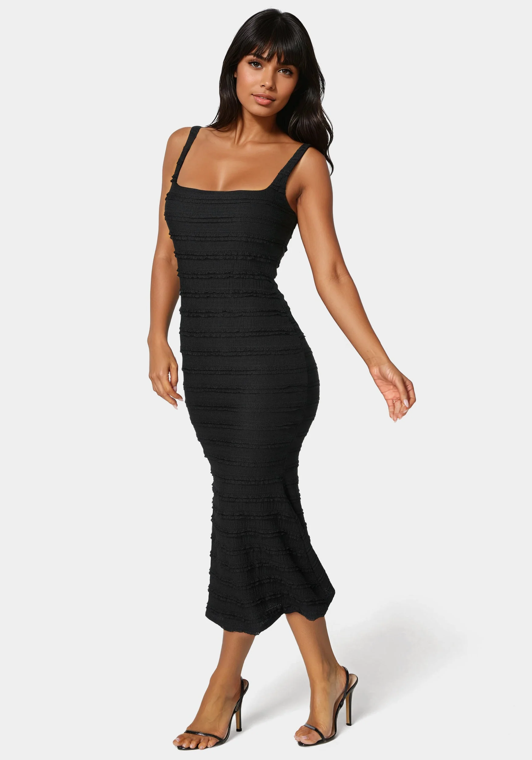 Square Neck Fluted Hem Midi Dress - Image 2