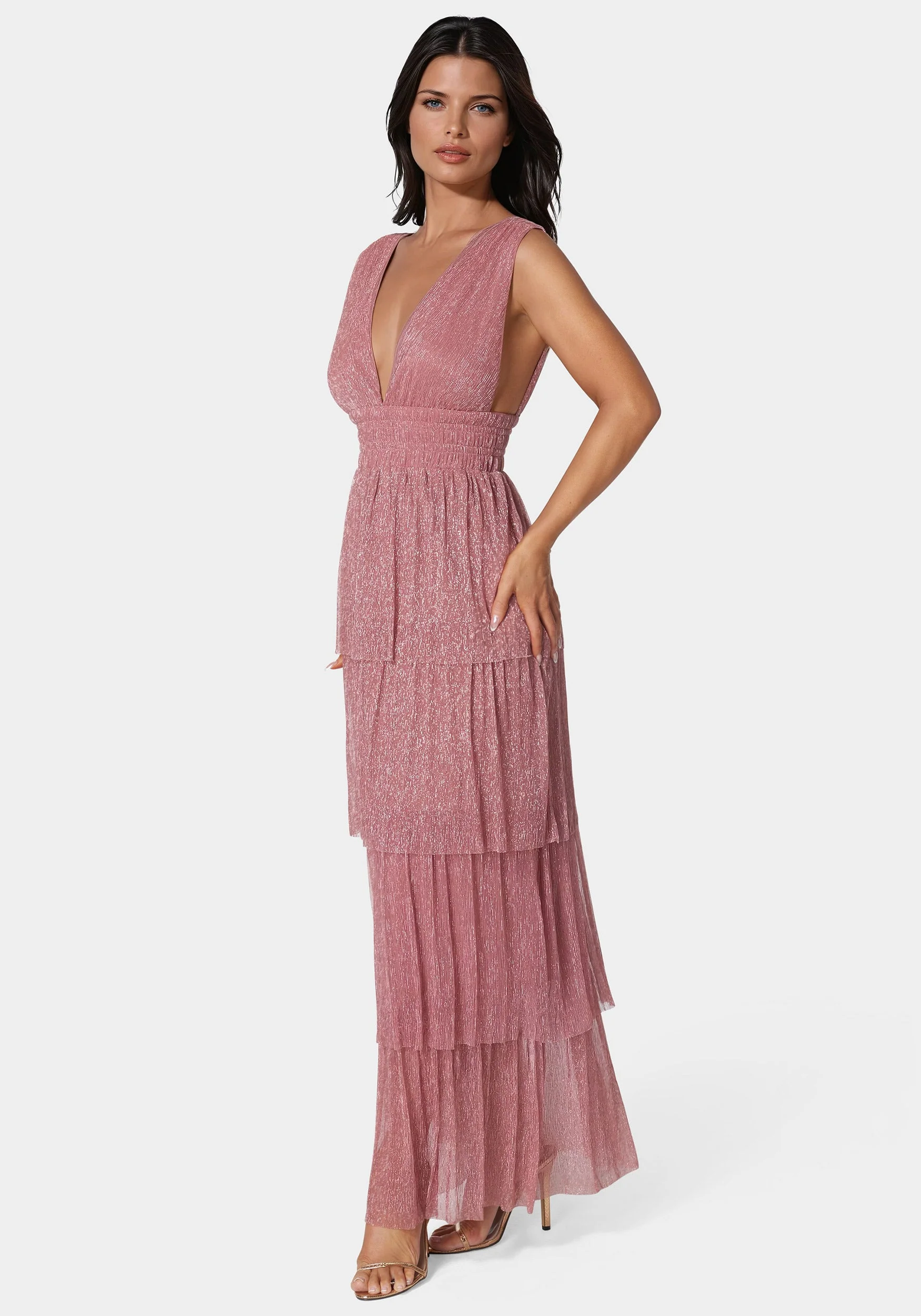 Tiered Plunge Neck Lurex Midi Dress - Image 2