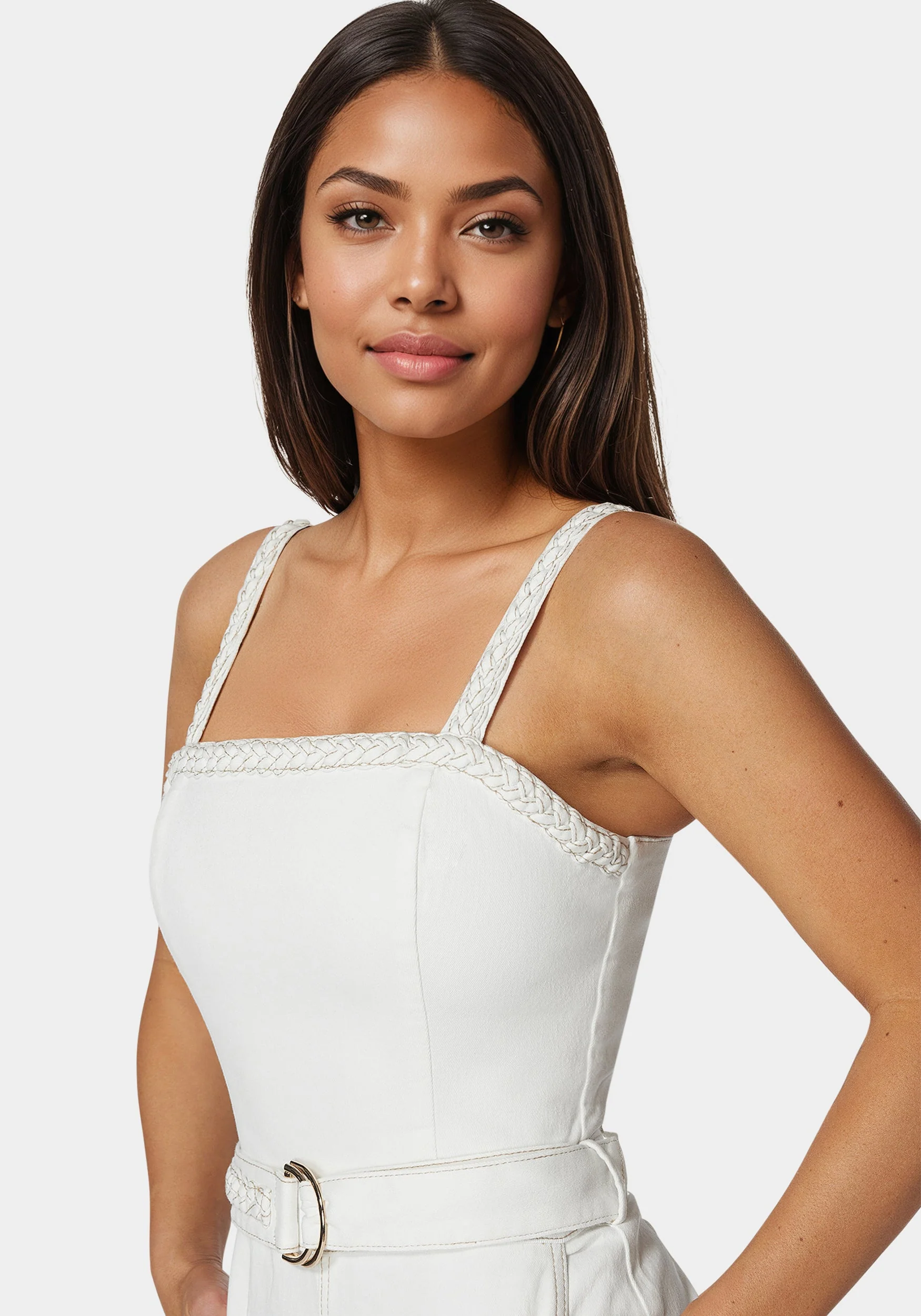 White Braided Wide Leg Denim Jumpsuit - Image 4